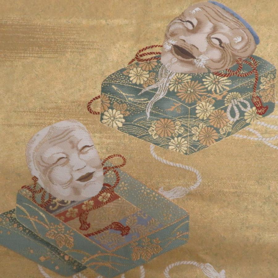 袋帯 正絹 塗金引箔 金糸 ゴールド系 翁面紋様 お太鼓柄 金色ｘ緑色 仕立て上がり 着物帯 長さ424cm_2