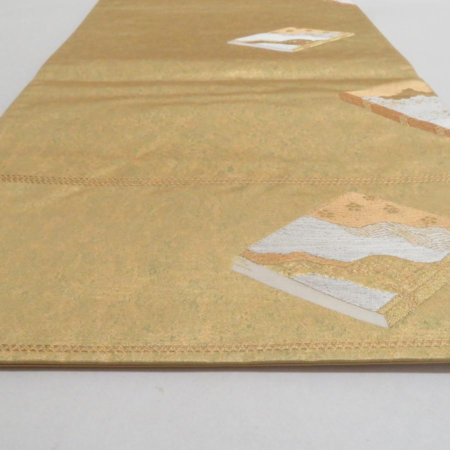 袋帯 正絹 塗金引箔 金糸 ゴールド系 翁面紋様 お太鼓柄 金色ｘ緑色 仕立て上がり 着物帯 長さ424cm_4