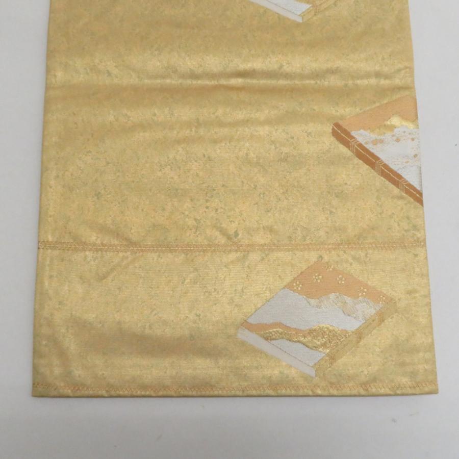 袋帯 正絹 塗金引箔 金糸 ゴールド系 翁面紋様 お太鼓柄 金色ｘ緑色 仕立て上がり 着物帯 長さ424cm_5