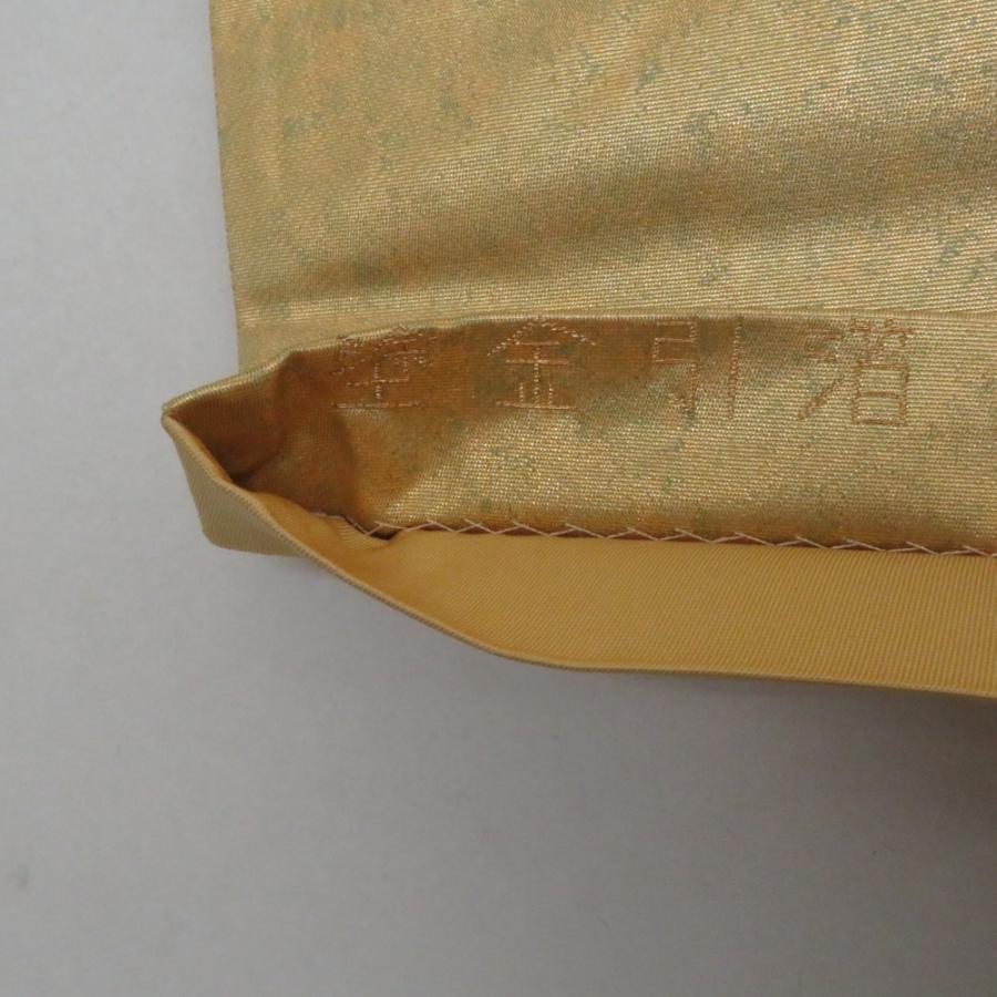 袋帯 正絹 塗金引箔 金糸 ゴールド系 翁面紋様 お太鼓柄 金色ｘ緑色 仕立て上がり 着物帯 長さ424cm_6
