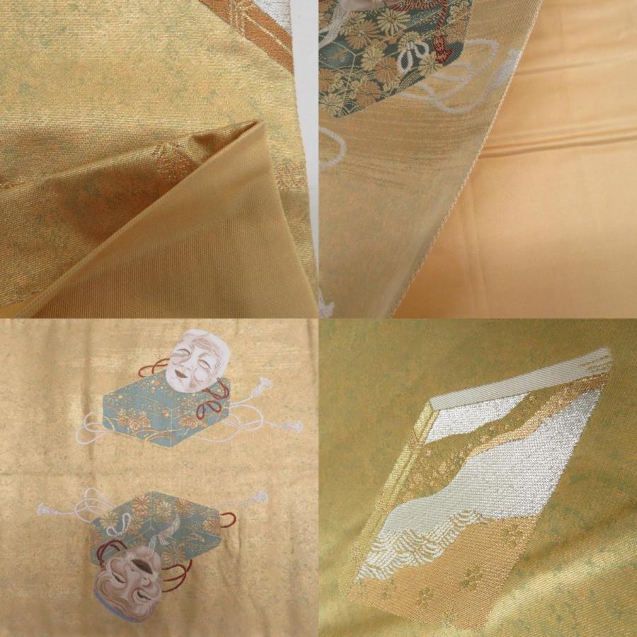 袋帯 正絹 塗金引箔 金糸 ゴールド系 翁面紋様 お太鼓柄 金色ｘ緑色 仕立て上がり 着物帯 長さ424cm_7