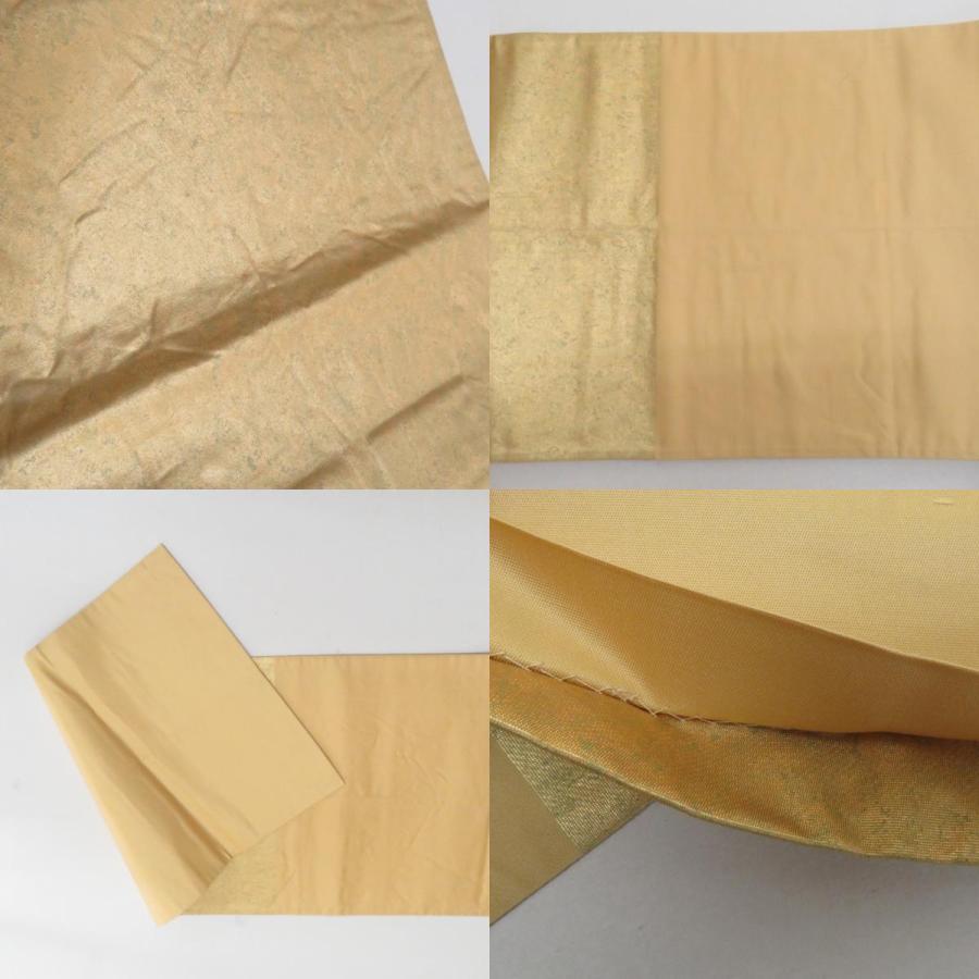 袋帯 正絹 塗金引箔 金糸 ゴールド系 翁面紋様 お太鼓柄 金色ｘ緑色 仕立て上がり 着物帯 長さ424cm_8