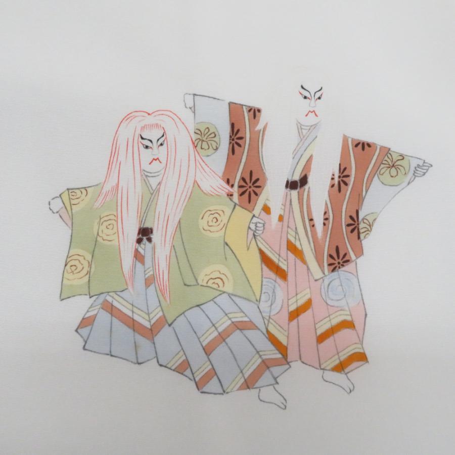 名古屋帯 塩瀬 染帯 白色x多色 白連獅子紋様 正絹 お太鼓柄