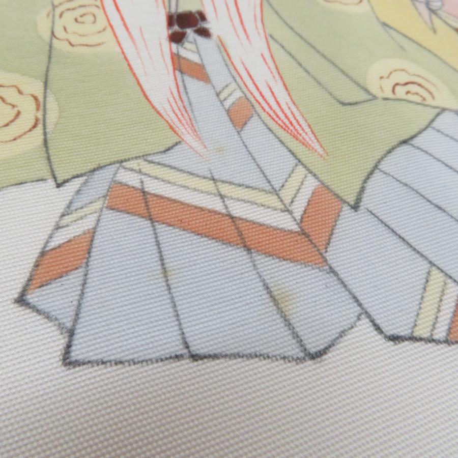 名古屋帯 塩瀬 染帯 白色x多色 白連獅子紋様 正絹 お太鼓柄