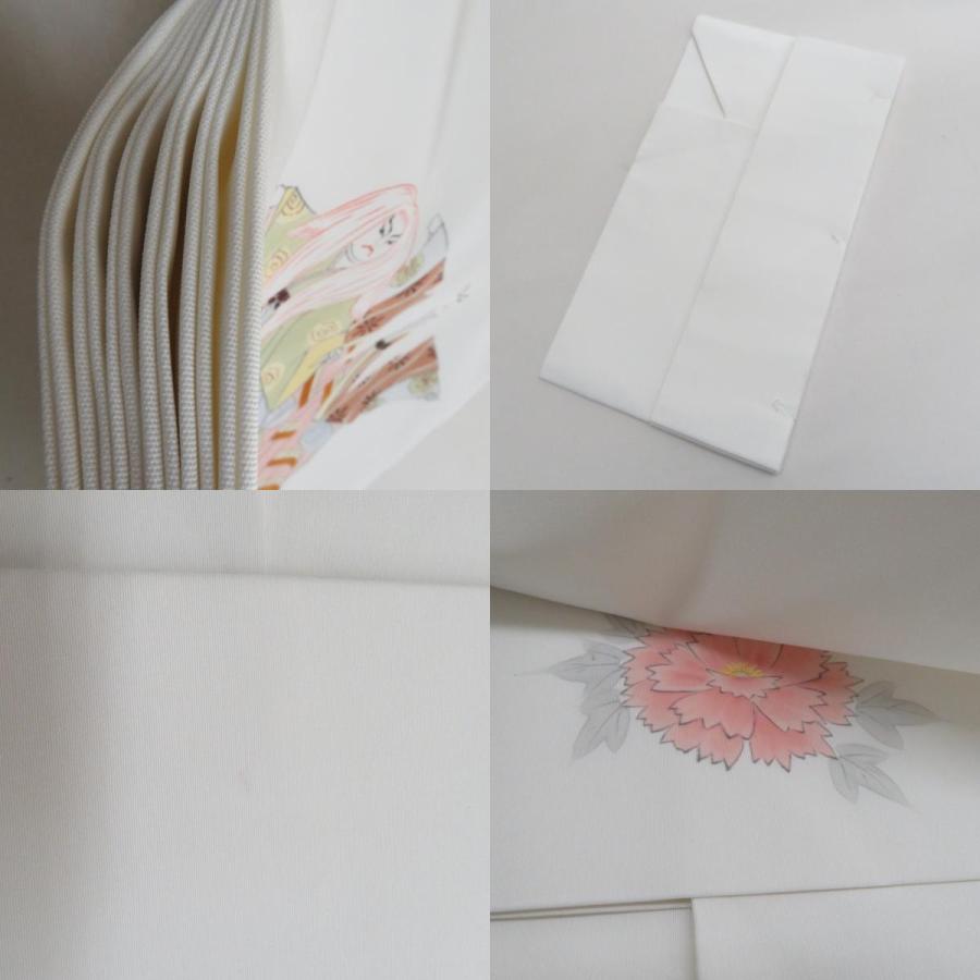 名古屋帯 塩瀬 染帯 白色x多色 白連獅子紋様 正絹 お太鼓柄