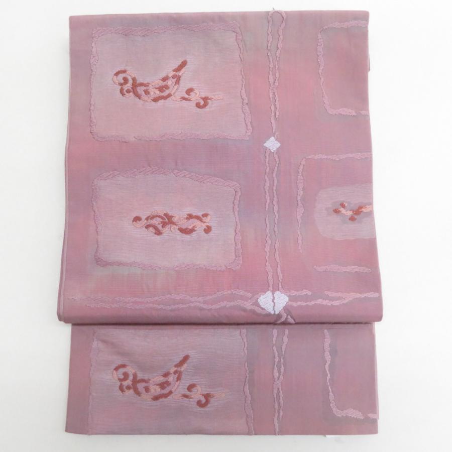 袋帯 正絹 洒落袋帯 ピンクグレーx小豆色 幾何学模様 六通柄 仕立て