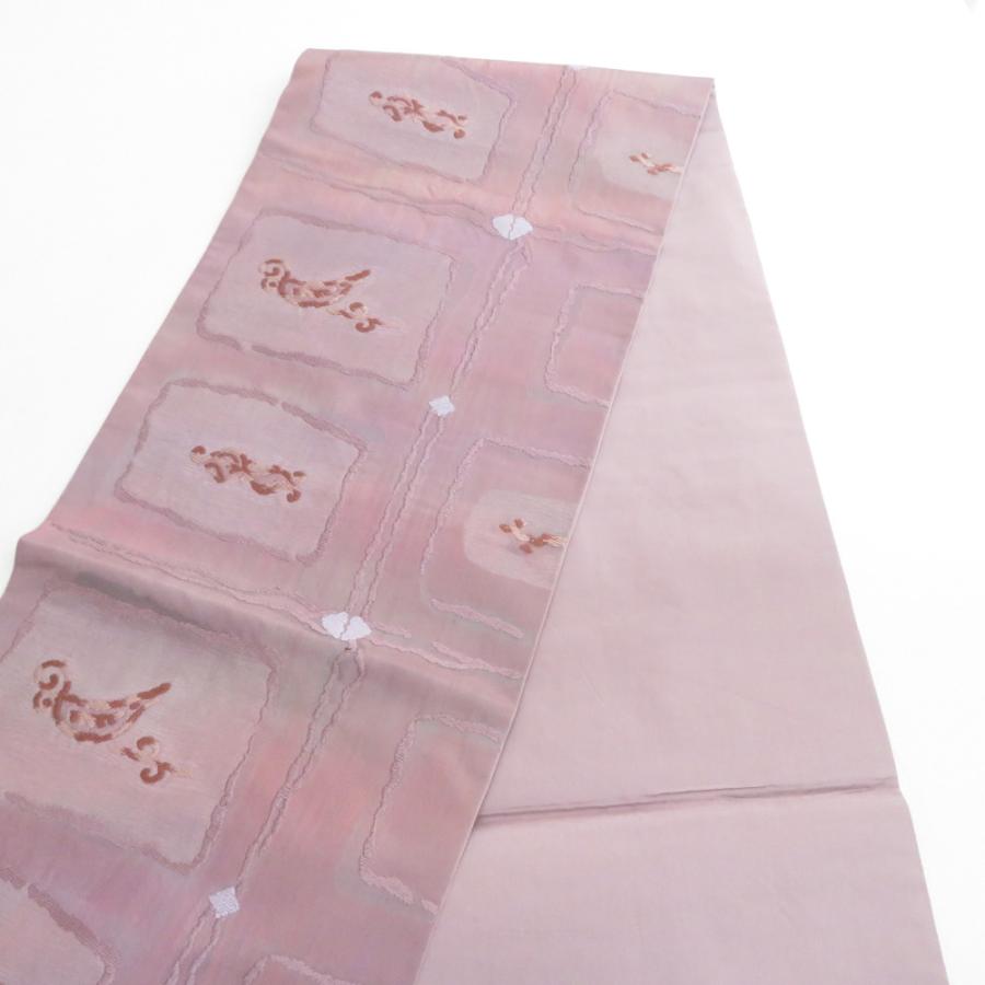 袋帯 正絹 洒落袋帯 ピンクグレーx小豆色 幾何学模様 六通柄 仕立て