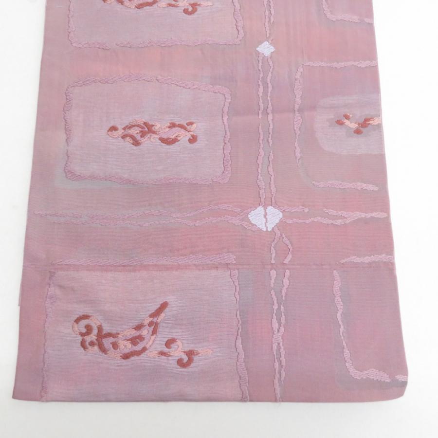 袋帯 正絹 洒落袋帯 ピンクグレーx小豆色 幾何学模様 六通柄 仕立て