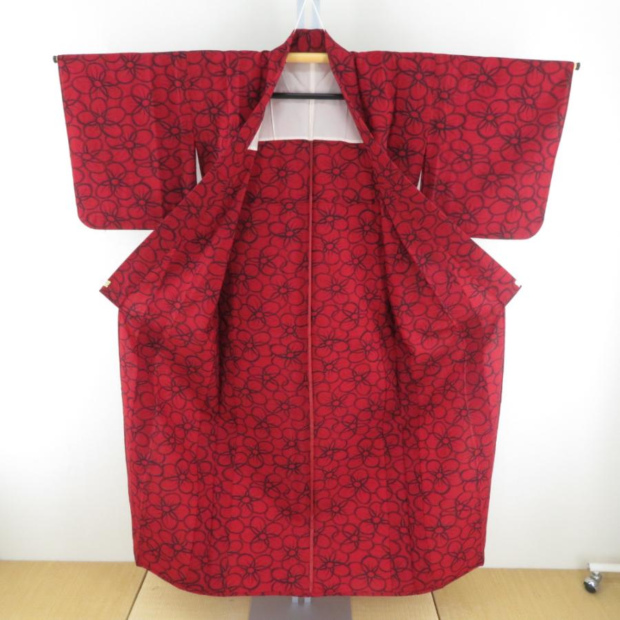 ウール着物 アンサンブル 着物と羽織2点セット 単衣 赤色x黒色 花模様