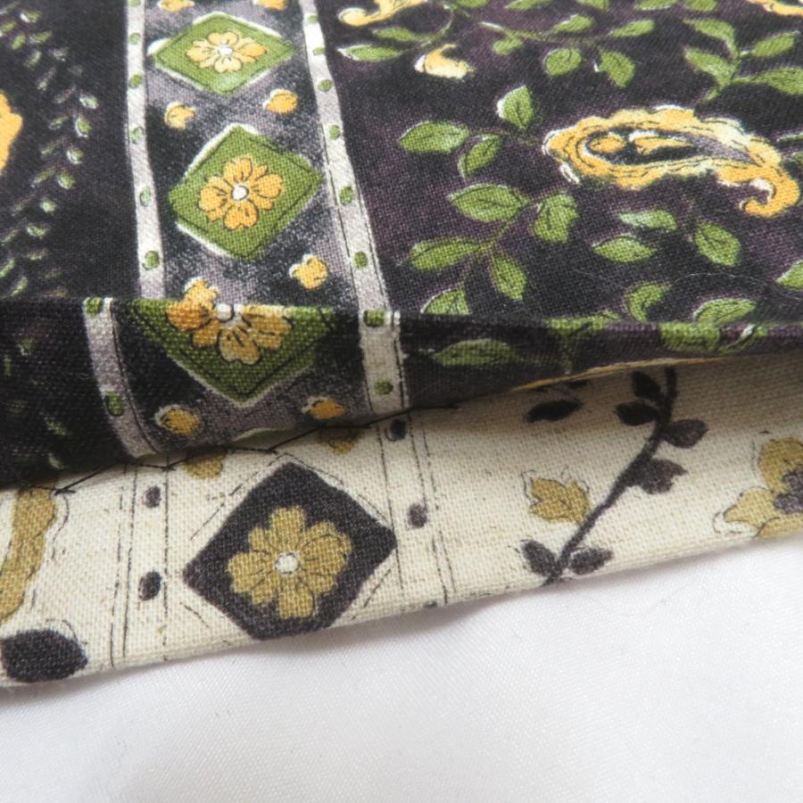 半幅帯 リバーシブル半巾帯  黒×黄色・生成×ベージュ 更紗調 花 ペイズリー 巾:約15.5ｃｍ×長さ:約400ｃｍ オリジナル 仕立て上がり |  | 07