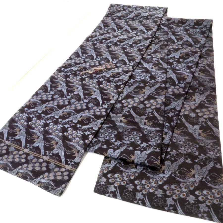 丸帯 アンティーク帯 昔 黒×グレー茶 花 鳳凰 全通 昔帯 正絹 レトロモダン 明治・大正ロマン 長さ388cm_1