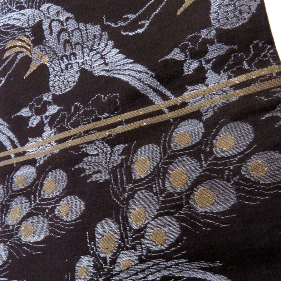 丸帯 アンティーク帯 昔 黒×グレー茶 花 鳳凰 全通 昔帯 正絹 レトロモダン 明治・大正ロマン 長さ388cm_6