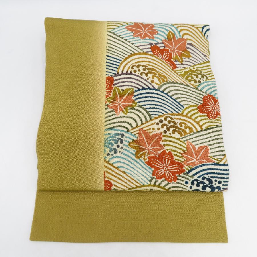 美品　名古屋帯　江戸紅型　正絹　型染め　イエロー　一度使用のみ　差し色 名古屋帯 染め模様 縮緬 辛子色x多色 波に桜と紅葉文様 全通柄 正絹