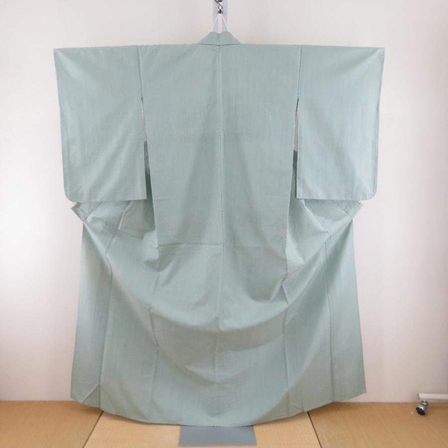 紬 着物 単衣 薄緑色xピンク色 絣模様 バチ衿 正絹 カジュアル 仕立て 
