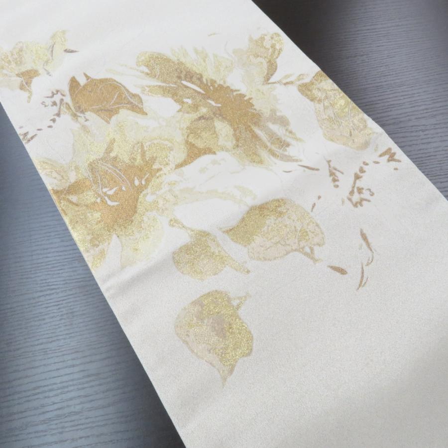 袋帯 振袖用 シャンパンゴールド×ゴールド×シルバー メタリック調糸 花