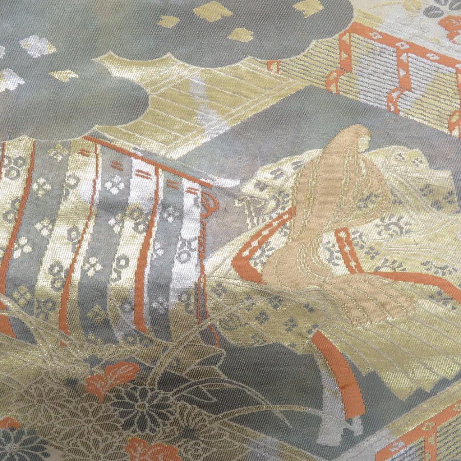 袋帯 金糸 灰色ｘ金色ｘ銀色 平安文様 二重箔織 六通柄 正絹 フォーマル向け 着物帯 長さ424cm |  | 01