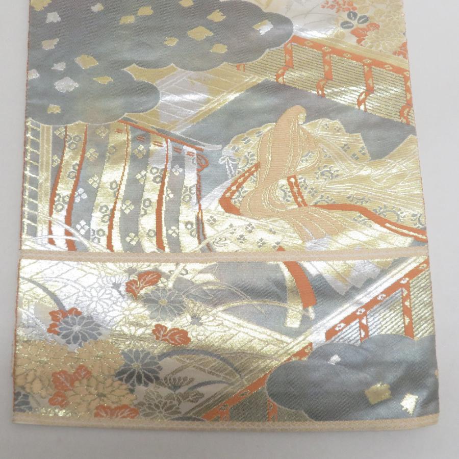 袋帯 金糸 灰色ｘ金色ｘ銀色 平安文様 二重箔織 六通柄 正絹 フォーマル向け 着物帯 長さ424cm |  | 04