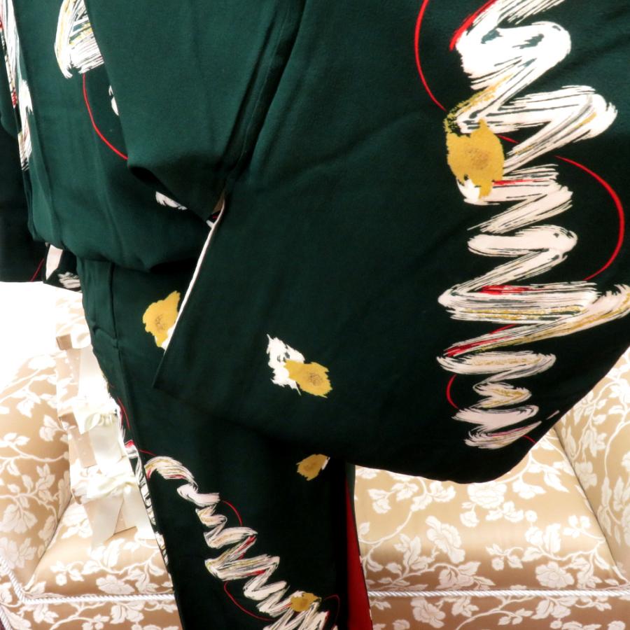 小紋 昔 アンティーク 昔着物 緑×白赤カラシ金 筆書き調 バチ衿 正絹