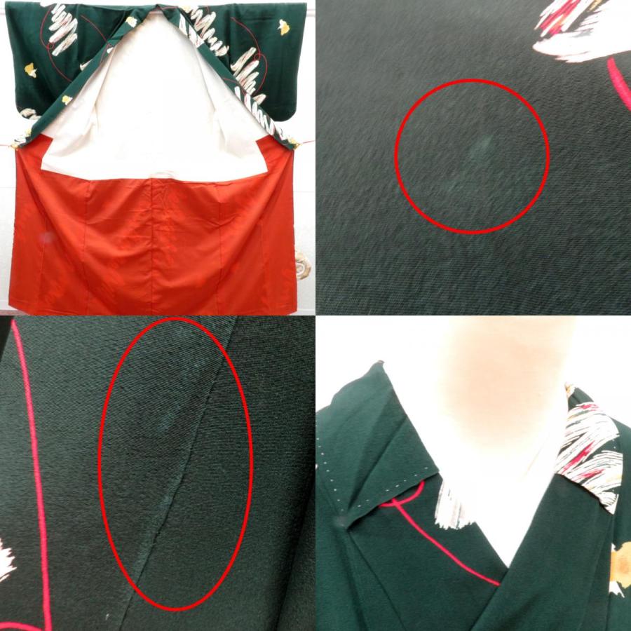 小紋 昔 アンティーク 昔着物 緑×白赤カラシ金 筆書き調 バチ衿 正絹