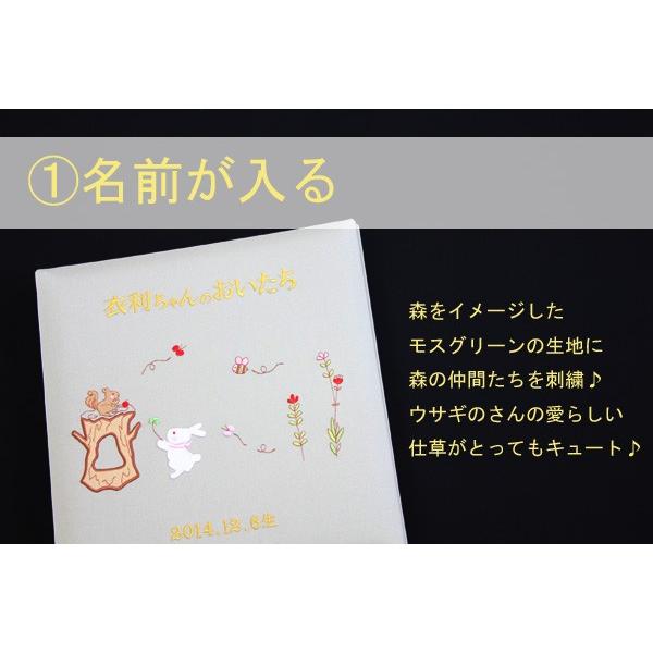 名入れ ベビー アルバム 台紙10枚付き 台紙が増やせる 刺繍名入れベビーフォトアルバム ベビーアルバム 名入れアルバム 出産祝い ウサギとリスの画像