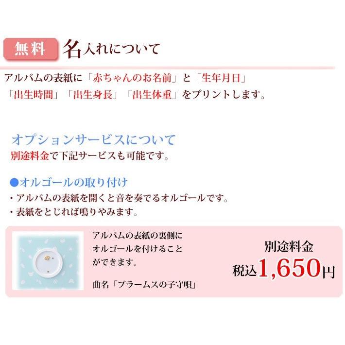 名入れ ベビー アルバム 台紙８枚付き 台紙が増やせる 名前入りベビーフォトアルバム ベビーアルバム 名入れアルバム 出産祝い アリス時計の画像