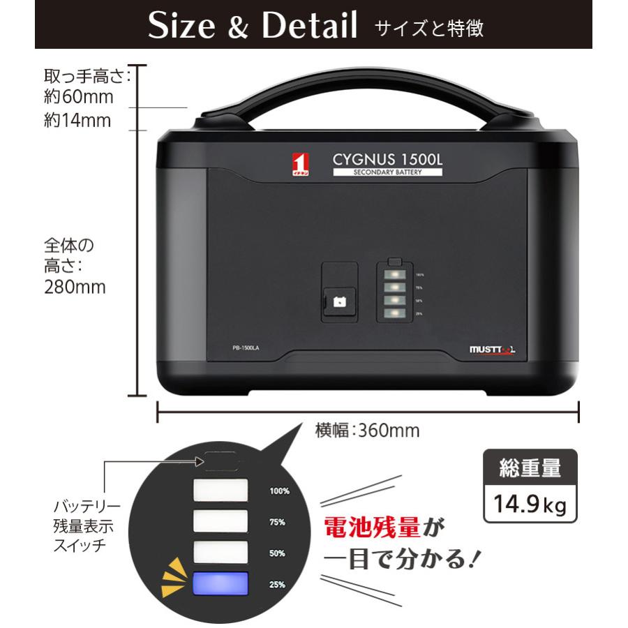 MUSTTOOL(マストツール):単体使用不可 ポータブル補助電源 CYGNUS 1500L PB-1500LA ポータブル電源 リン酸鉄｜cocoterracemore｜03