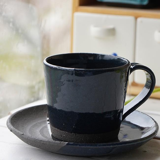 豊富な品 和食器 松助窯 焙煎豆のカフェカップソーサー 黒ミカゲ なまこ釉 カフェオレ コーヒー 日本 紅茶 ミルク 器 食器 美濃焼 手づくり 陶器