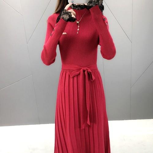 ワンピース レディース ニットワンピ レース リブニット プリーツ 赤 ベージュ 37rz374 Cocounsecret 通販 Yahoo ショッピング