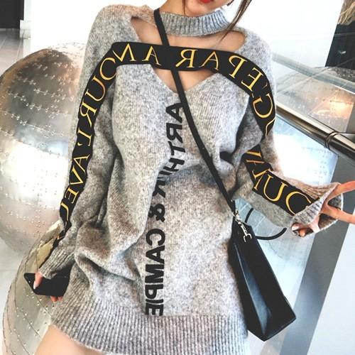 ニット レディース トップス チュニック ロゴ 韓国 背中開き 長袖 ブロガー Cocounsecret 通販 Yahoo ショッピング