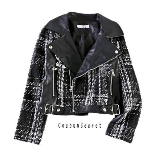 レザージャケット レディース ジャケット ライダース ツイード 黒 チェック 合皮 Cocounsecret 通販 Yahoo ショッピング