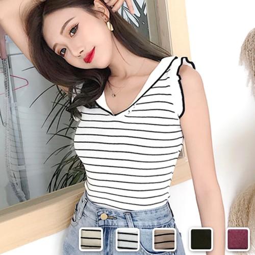 タンクトップ サマーニット ボーダー レディース トップス フリル フリフリ 韓国 Cocounsecret 通販 Yahoo ショッピング