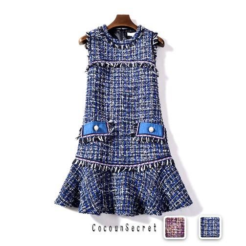 ワンピース ツイード ノースリーブ ミニワンピース デニム レディース 赤 青 紺 Cocounsecret 通販 Yahoo ショッピング