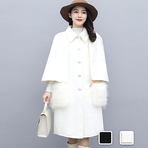 コート レディース Pコート ファーポケット ポンチョ風 パールボタン 上品 白 黒 Cocounsecret 通販 Yahoo ショッピング