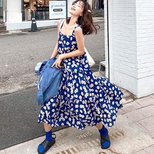 ワンピース レディース 花柄 フラワー ロングワンピース マーガレット 青 韓国 Ad Cocounsecret 通販 Yahoo ショッピング