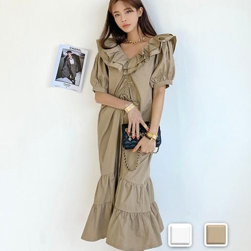 ワンピース レディース フリル ティアードワンピ 半袖 体型カバー カーキ 白 Ad Cocounsecret 通販 Yahoo ショッピング