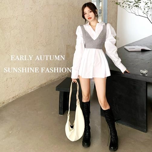 ワンピース ミニワンピース ニットビスチェ シャツワンピース ビックシャツ 白 Ad Cocounsecret 通販 Yahoo ショッピング