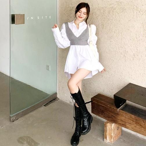 ワンピース ミニワンピース ニットビスチェ シャツワンピース ビックシャツ 白 Ad Cocounsecret 通販 Yahoo ショッピング