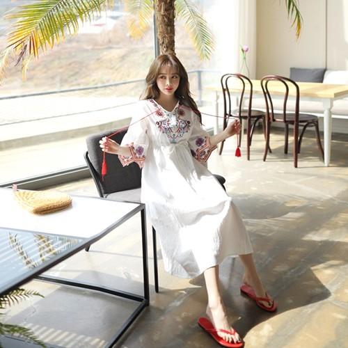 ワンピース 刺繍 エスニック ふんわり ミモレ丈 ワンピ 白 レディース Efgwi Cocounsecret 通販 Yahoo ショッピング