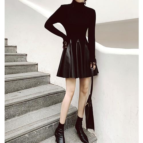 ミニワンピース レディース ワンピース リブ 合皮 フレア ボトルネック Eyg Cocounsecret 通販 Yahoo ショッピング