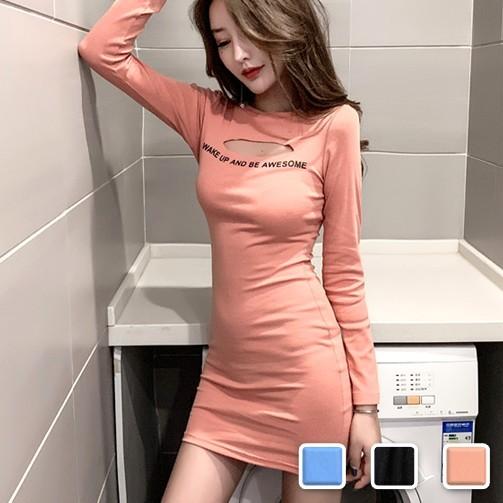 ワンピース レディース ミニワンピース セクシー 肌見せ ロゴ ワンピ 長袖 黒 青 Lha Cocounsecret 通販 Yahoo ショッピング