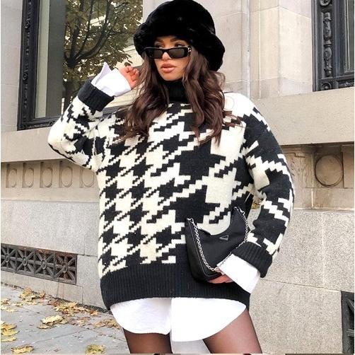 ニット レディース 千鳥 チェック 千鳥格子 タートルネック チュニック 黒 白 Qkm Cocounsecret 通販 Yahoo ショッピング