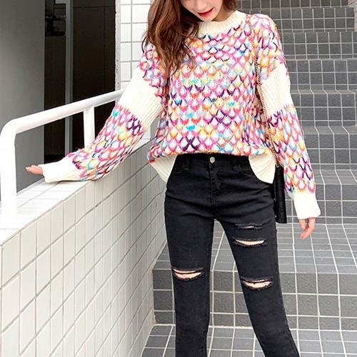 ニット レディース カラフル トップス 虹色 格子柄 長袖 可愛い 韓国 セーター Spa Cocounsecret 通販 Yahoo ショッピング