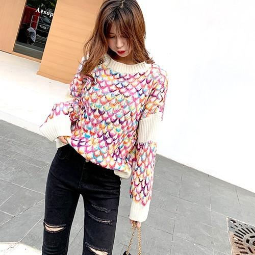 ニット レディース カラフル トップス 虹色 格子柄 長袖 可愛い 韓国 セーター Spa Cocounsecret 通販 Yahoo ショッピング