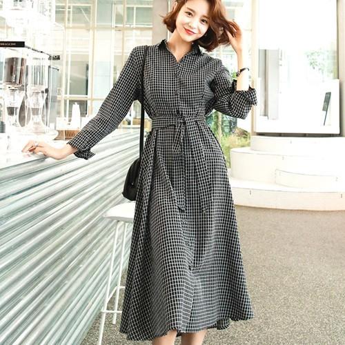 ワンピース レディース チェック柄 黒 マキシワンピース ロング 長袖 フレア Uca0929ba Cocounsecret 通販 Yahoo ショッピング