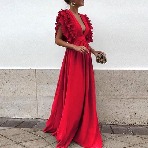 マキシワンピース レディース フリル Vネック ロングワンピース フリフリ 白 赤 Uni Cocounsecret 通販 Yahoo ショッピング