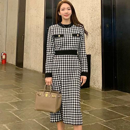 ワンピース ニットワンピース 千鳥柄 チェック ロング タイト 長袖 オフィス 黒 Vzmwi Cocounsecret 通販 Yahoo ショッピング