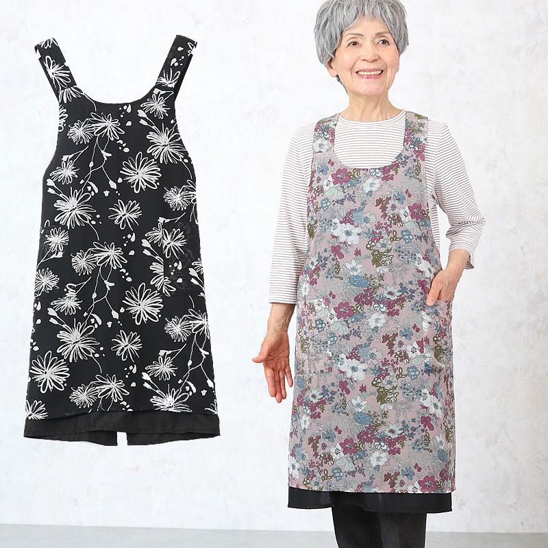 プリント×無地リバーシブルエプロン シニアファッション 70代 80代