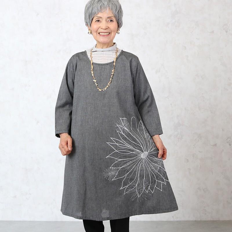 七分袖花刺繍ワンピース（シニアファッション 80代 70代 レディース 上品 おしゃれ おばあちゃん 服） 敬老の日 プレゼント cjs