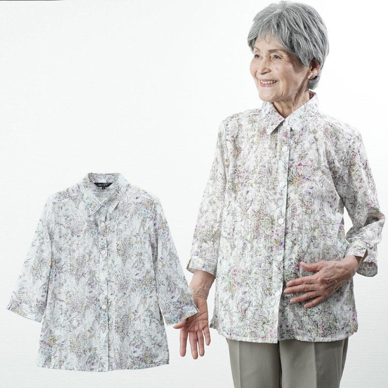 シニアファッション 80代 レディース 70代 婦人服 花柄オパール 斜めボタンホール 七分袖ブラウス 誕生日 プレゼント : シニア ...