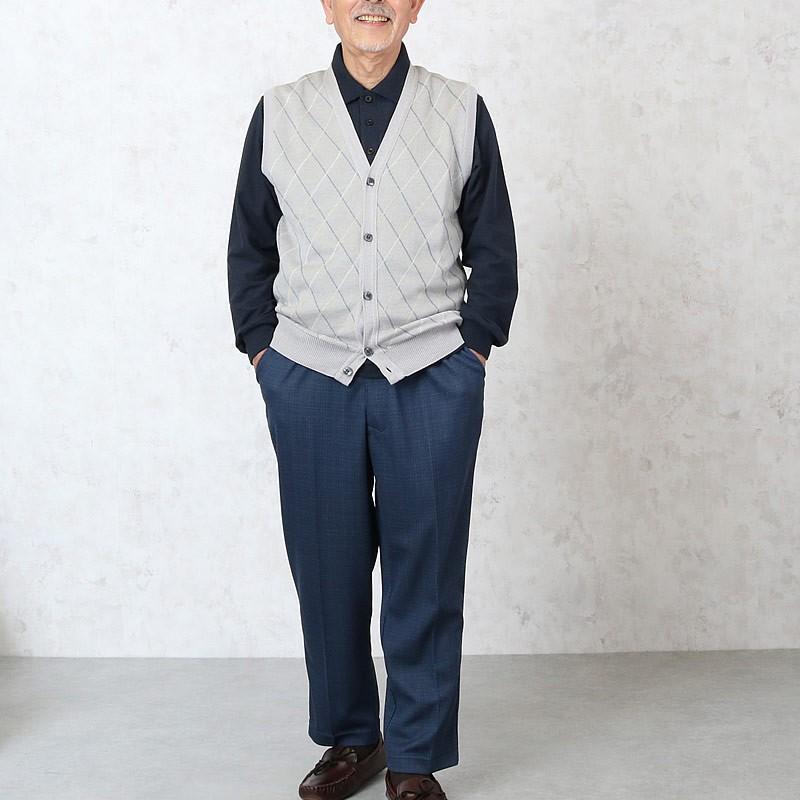 日本製 麻混 前開き ダイヤ柄 ニット ベスト(シニアファッション 60代 70代 80代 男性 メンズ おじいちゃん服 お年寄り 高齢者